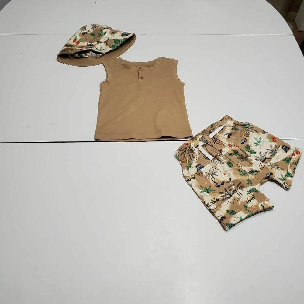 Wonder Nation Unisex Shorts Top And Hat Set Brown Tree Leaf Drawstring 12 Months